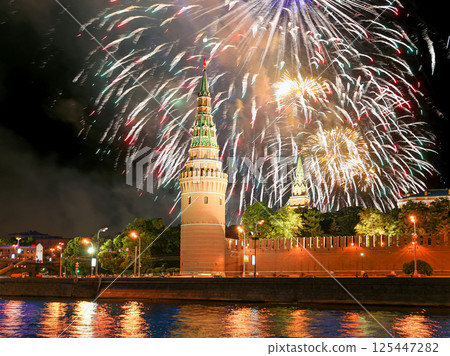 Moscow Kremlin and fireworks in honor of Victory Day celebration (WWII), Moscow, Russia-- the most popular view of Moscow 125447282