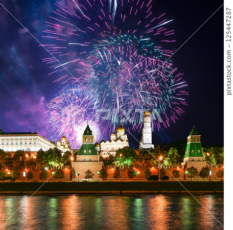 Moscow Kremlin and fireworks in honor of Victory Day celebration (WWII), Moscow, Russia-- the most popular view of Moscow 125447287