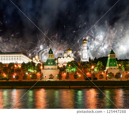 Moscow Kremlin and fireworks in honor of Victory Day celebration (WWII), Moscow, Russia-- the most popular view of Moscow 125447288