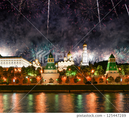 Moscow Kremlin and fireworks in honor of Victory Day celebration (WWII), Moscow, Russia-- the most popular view of Moscow Moscow Kremlin and fireworks in honor of Victory Day celebration (WWII), Moscow, Russia-- the most popular view of Moscow 125447289