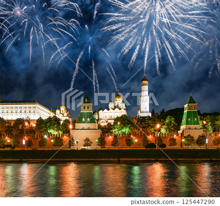 Moscow Kremlin and fireworks in honor of Victory Day celebration (WWII), Moscow, Russia-- the most popular view of Moscow Moscow Kremlin and fireworks in honor of Victory Day celebration (WWII), Moscow, Russia-- the most popular view of Moscow 125447290