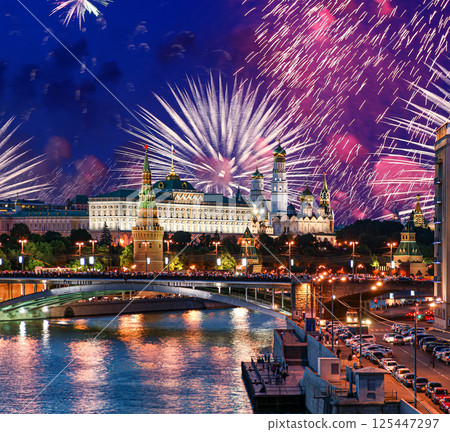 Moscow Kremlin and fireworks in honor of Victory Day celebration (WWII), Moscow, Russia-- the most popular view of Moscow Moscow Kremlin and fireworks in honor of Victory Day celebration (WWII), Moscow, Russia-- the most popular view of Moscow 125447297