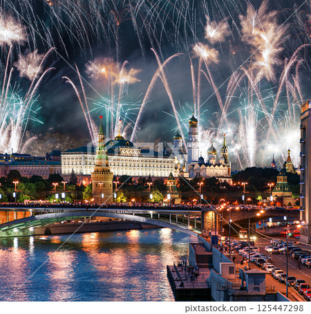 Moscow Kremlin and fireworks in honor of Victory Day celebration (WWII), Moscow, Russia-- the most popular view of Moscow Moscow Kremlin and fireworks in honor of Victory Day celebration (WWII), Moscow, Russia-- the most popular view of Moscow 125447298