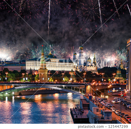 Moscow Kremlin and fireworks in honor of Victory Day celebration (WWII), Moscow, Russia-- the most popular view of Moscow Moscow Kremlin and fireworks in honor of Victory Day celebration (WWII), Moscow, Russia-- the most popular view of Moscow 125447299