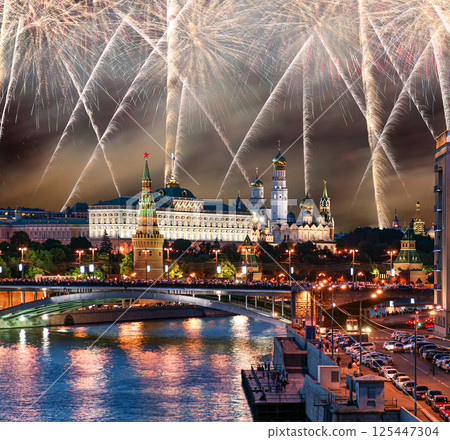 Moscow Kremlin and fireworks in honor of Victory Day celebration (WWII), Moscow, Russia-- the most popular view of Moscow Moscow Kremlin and fireworks in honor of Victory Day celebration (WWII), Moscow, Russia-- the most popular view of Moscow 125447304