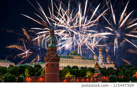 Moscow Kremlin and fireworks in honor of Victory Day celebration (WWII), Moscow, Russia-- the most popular view of Moscow Moscow Kremlin and fireworks in honor of Victory Day celebration (WWII), Moscow, Russia-- the most popular view of Moscow 125447309
