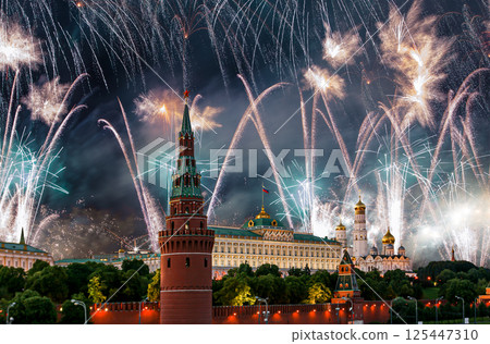 Moscow Kremlin and fireworks in honor of Victory Day celebration (WWII), Moscow, Russia-- the most popular view of Moscow Moscow Kremlin and fireworks in honor of Victory Day celebration (WWII), Moscow, Russia-- the most popular view of Moscow 125447310
