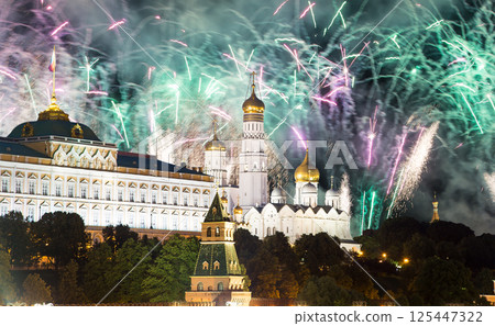 Moscow Kremlin and fireworks in honor of Victory Day celebration (WWII), Moscow, Russia-- the most popular view of Moscow 125447322