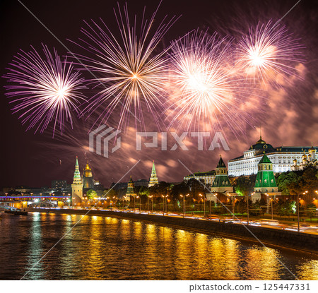 Moscow Kremlin and fireworks in honor of Victory Day celebration (WWII), Moscow, Russia-- the most popular view of Moscow 125447331