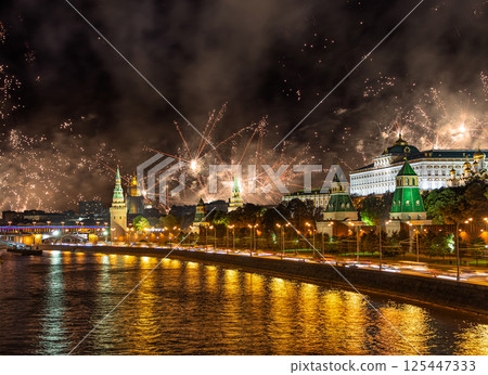 Moscow Kremlin and fireworks in honor of Victory Day celebration (WWII), Moscow, Russia-- the most popular view of Moscow 125447333