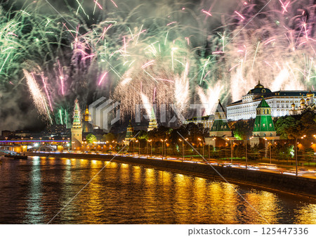 Moscow Kremlin and fireworks in honor of Victory Day celebration (WWII), Moscow, Russia-- the most popular view of Moscow 125447336