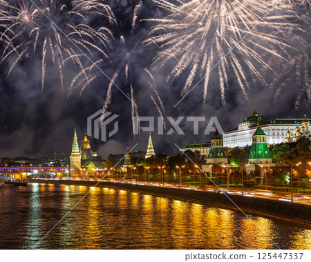 Moscow Kremlin and fireworks in honor of Victory Day celebration (WWII), Moscow, Russia-- the most popular view of Moscow 125447337