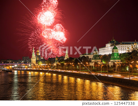 Moscow Kremlin and fireworks in honor of Victory Day celebration (WWII), Moscow, Russia-- the most popular view of Moscow 125447338