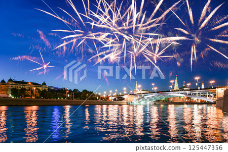 Moscow Kremlin and fireworks in honor of Victory Day celebration (WWII), Moscow, Russia-- the most popular view of Moscow Moscow Kremlin and fireworks in honor of Victory Day celebration (WWII), Moscow, Russia-- the most popular view of Moscow 125447356