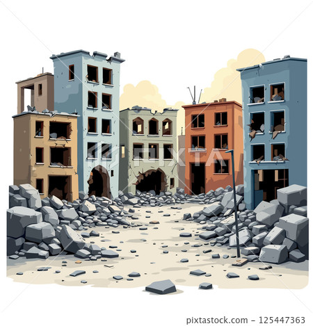 Vsai destroyed city buildings crumbling after war or disaster 125447363