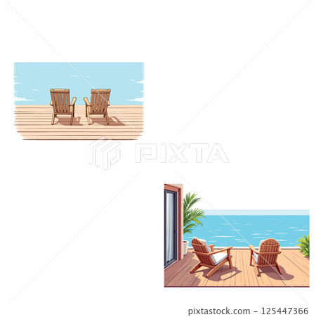Vsai two empty wooden chairs overlooking tranquil ocean views from hotel balcony and dock 125447366