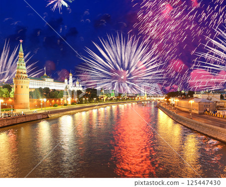 Moscow Kremlin and fireworks in honor of Victory Day celebration (WWII), Moscow, Russia-- the most popular view of Moscow 125447430