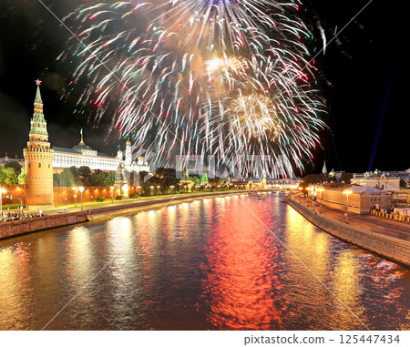 Moscow Kremlin and fireworks in honor of Victory Day celebration (WWII), Moscow, Russia-- the most popular view of Moscow 125447434