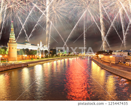 Moscow Kremlin and fireworks in honor of Victory Day celebration (WWII), Moscow, Russia-- the most popular view of Moscow Moscow Kremlin and fireworks in honor of Victory Day celebration (WWII), Moscow, Russia-- the most popular view of Moscow 125447435