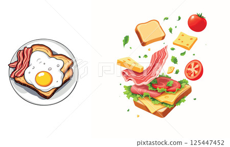 Vsai delicious toast with fried egg and bacon and exploding sandwich ingredients on white background 125447452