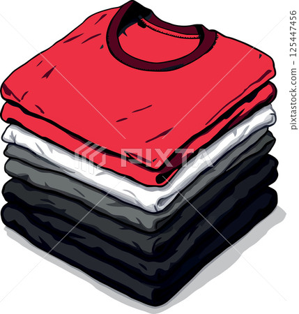 Vsai stack of folded t shirts in red, white, grey, and black colors 125447456