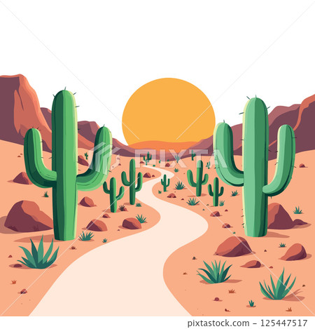 Vsai winding desert road at sunset with cactus and mountains 125447517