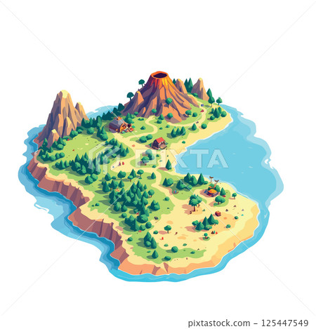 Vsai tropical island with volcano, forest, and houses surrounded by ocean in isometric view 125447549