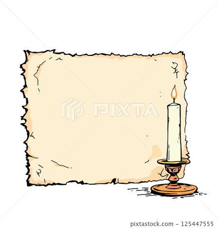 Vsai burning candle illuminating old paper scroll with copy space 125447555