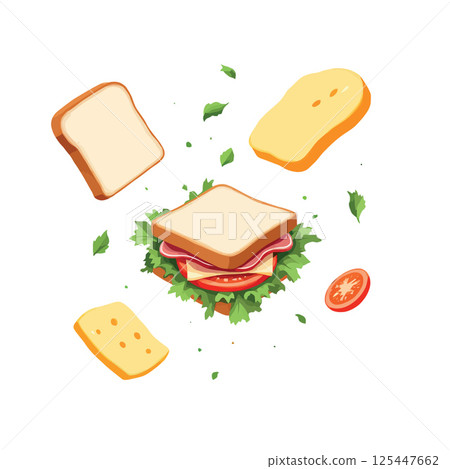 Vsai delicious sandwich exploding with fresh ingredients, bread, cheese, lettuce, tomato and ham flying apart 125447662