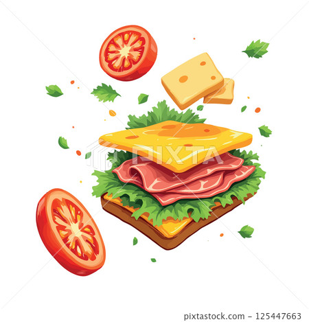 Vsai delicious sandwich with floating ingredients, cheese, ham, tomato and lettuce 125447663