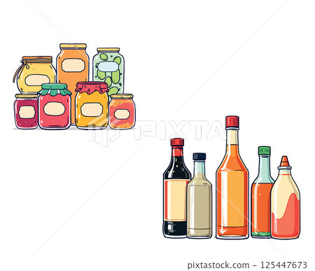 Jars and bottles containing preserved food products are displayed 125447673