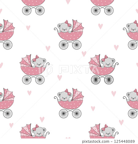 Seamless pattern with cute Teddy bear in stroller. Baby shower girl vector illustration Seamless pattern with cute Teddy bear in stroller. Baby shower girl vector illustration 125448089