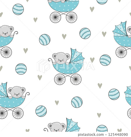 Seamless pattern with cute Teddy bear in stroller. Baby shower boy vector illustration Seamless pattern with cute Teddy bear in stroller. Baby shower boy vector illustration 125448090