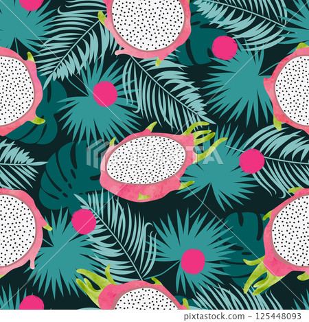 Tropical vector pattern with dragon fruit and jungle leaves. Summer background 125448093