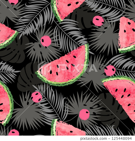Tropical vector pattern with watermelons and jungle leaves. Summer background 125448094