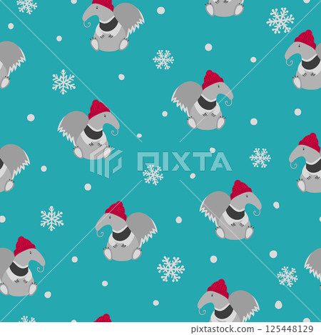 Seamless Christmas pattern with cute ant eater and snowflakes 125448129