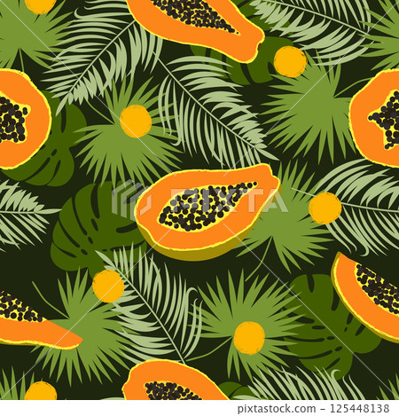 Abstract tropical pattern with papaya and palm leaves 125448138