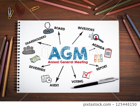 AGM Annual general meeting Concept. Notebooks, pen and colored pencils on a wooden table 125448150