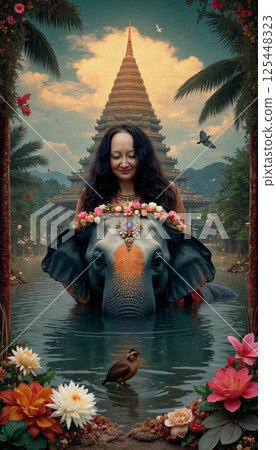 Woman with Flower Garland Bonding with Elephant in Sacred Pond near Asian Temple 125448323