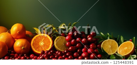 Closeup of oranges, lemons, and cranberries against a green background. 125448391