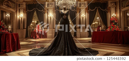 A black, sparkling gown displayed on a mannequin in an ornate, grand ballroom. 125448392