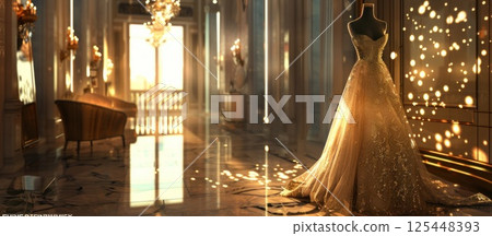 A white wedding dress stands in a grand, sunlit ballroom, with an ornate chair in the foreground and a chandelier hanging from the ceiling. 125448393