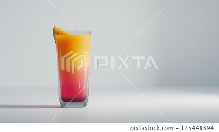 A tall glass of layered yellow and pink cocktail garnished with a mango slice on a white background. 125448394