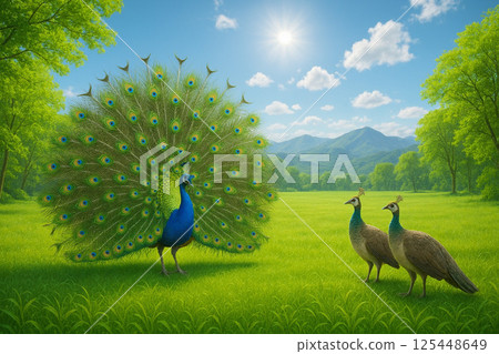 Peacock and young leaves with fresh greenery 125448649