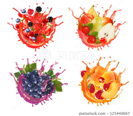 Set of fruits and berries in juice splashes. Grape, peach, cherry, blueberry, raspberry, strawberry, pear, banana, plum in juice drink splashing. Vector 125448667