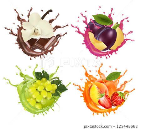 Set of fruits and berries in juice splashes. Grape, peach,  strawberry, plum, vanilla, chocolate, plum in juice drink splashing. Vector 125448668