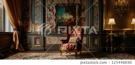 A grand, antique chair sits in a luxuriously decorated room, framed by a painting and ornate gold-trimmed walls. 125448690