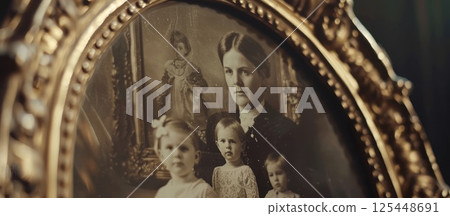 An antique oval gold frame with a sepia toned photograph of a mother with her three children. 125448691