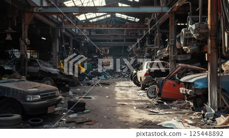 An abandoned warehouse filled with wrecked cars and debris. 125448892