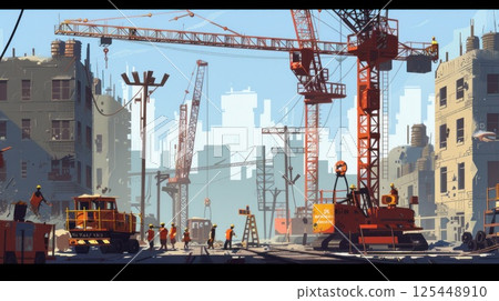 Construction workers and machinery on a busy city street, with cranes and unfinished buildings in the background. 125448910